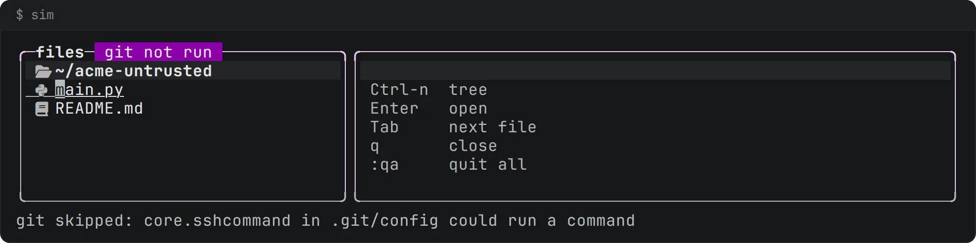 sim in a repository whose config sets core.sshCommand. The top border of the tree's box carries a magenta badge, git not run, and the status line reads: git skipped: core.sshcommand in .git/config could run a command.