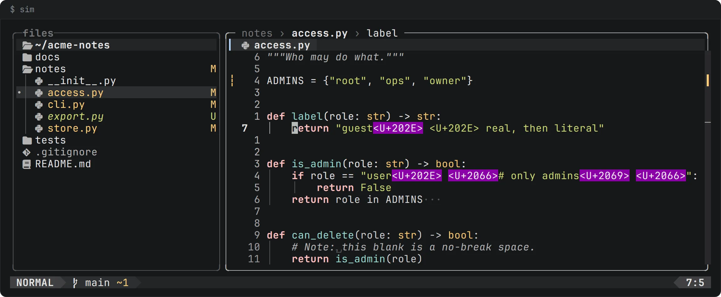 The same line, two things: the real character on a magenta block, and the text that only looks like it. sim showing a real U+202E, the literal text <U+202E>, isolate characters, a trailing blank and a no-break space