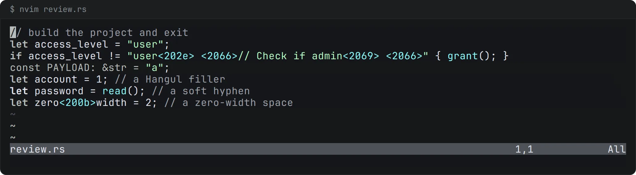 Neovim 0.12.5 showing the same file. The tag characters, the variation selectors, the filler and the soft hyphen are not drawn at all; only the bidirectional controls and the zero-width space appear, as <202e> and <200b>.