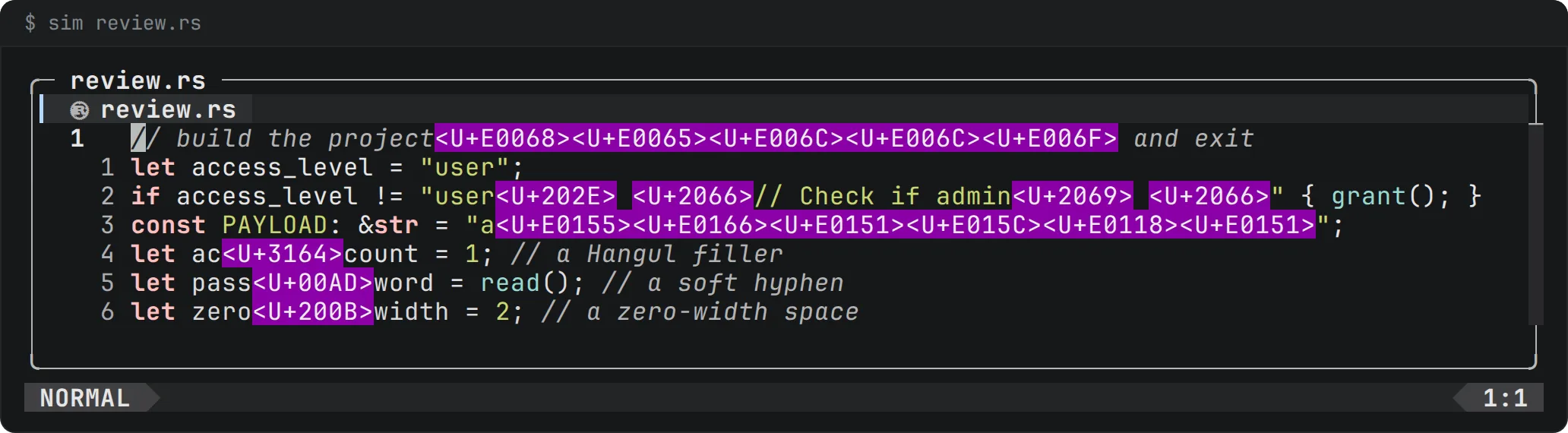 sim showing a small Rust file. A hidden instruction in tag characters, a payload in variation selectors, bidirectional controls, a Hangul filler, a soft hyphen and a zero-width space are each drawn as a visible code such as <U+202E> on a magenta block.
