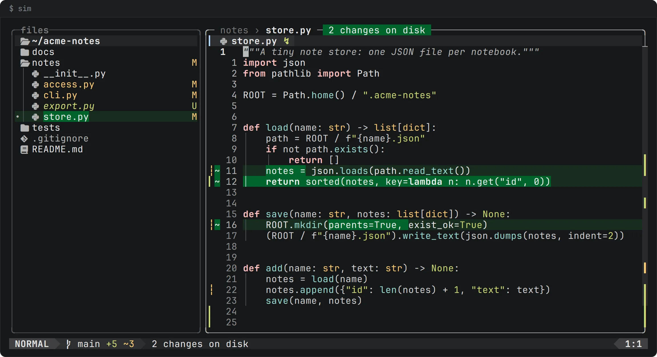 An outside write, as the editor shows it. sim showing a file another process rewrote: two changed lines on a green background and a badge on the top border saying 2 changes on disk
